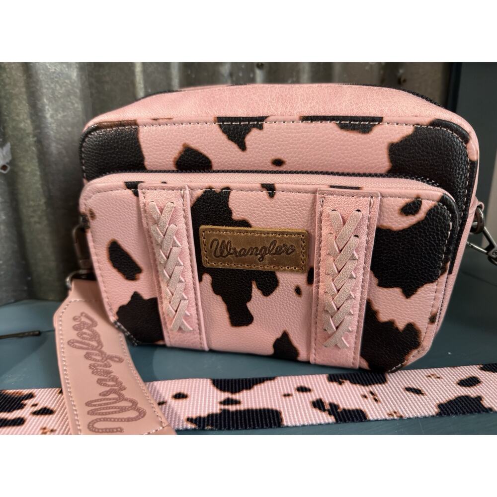 Wrangler By Montana West Vegan Leather Pink Cow Print Crossbody Bag Purse Rodeo - Picture 2 of 7